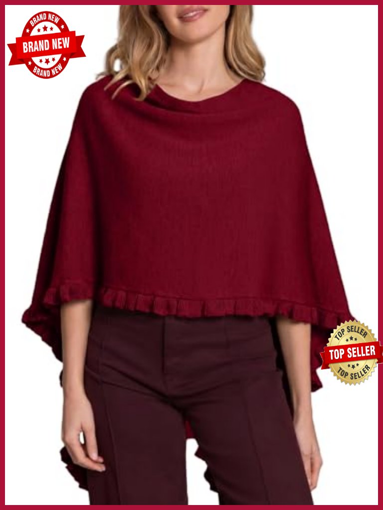 Lightweight Poncho Sweater Loose Ruffle Hem Boat Neck Pullover Top